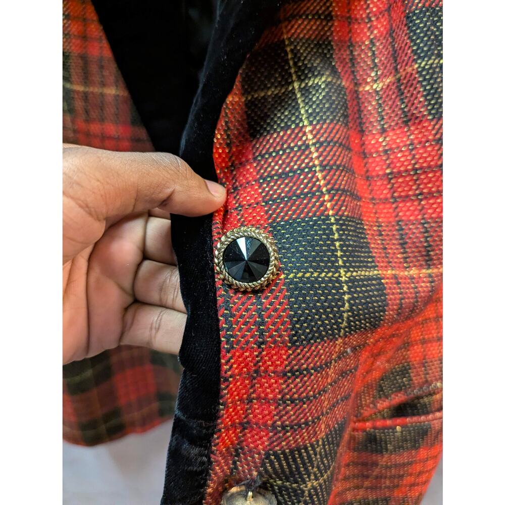 Vintage Anne Klein II Red Tartan Plaid Velvet Collar Blazer 8 Petite Wide lapel - Picture 3 of 9